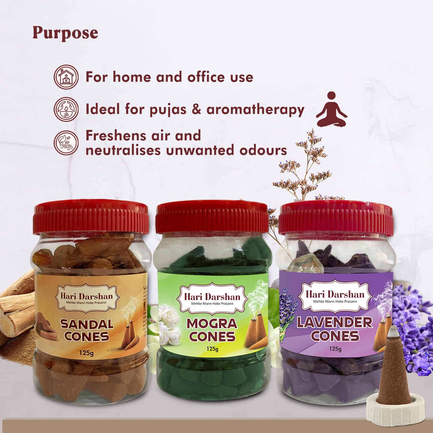 Combo of Lavender, Sandal, Mogra - Dhoop Cones Jar - Pack of 3, 65 Pcs in Each Pack