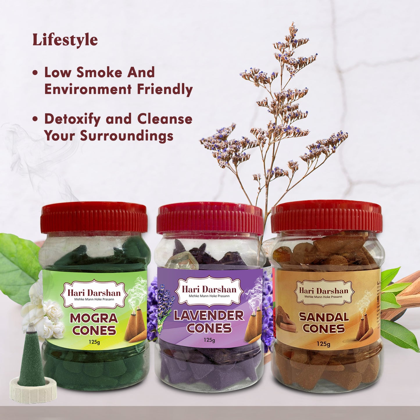 Combo of Lavender, Sandal, Mogra - Dhoop Cones Jar - Pack of 3, 65 Pcs in Each Pack