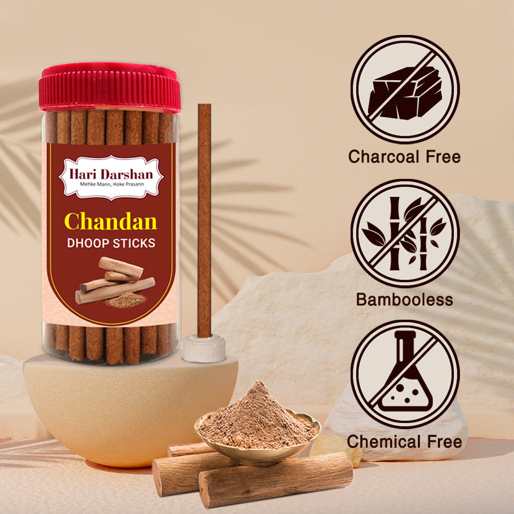 CHANDAN - Bamboo Less Dhoop Sticks - Premium Fragrance - 125g Jar