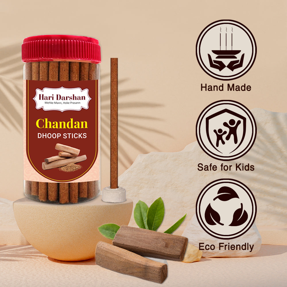 CHANDAN - Bamboo Less Dhoop Sticks - Premium Fragrance - 125g Jar