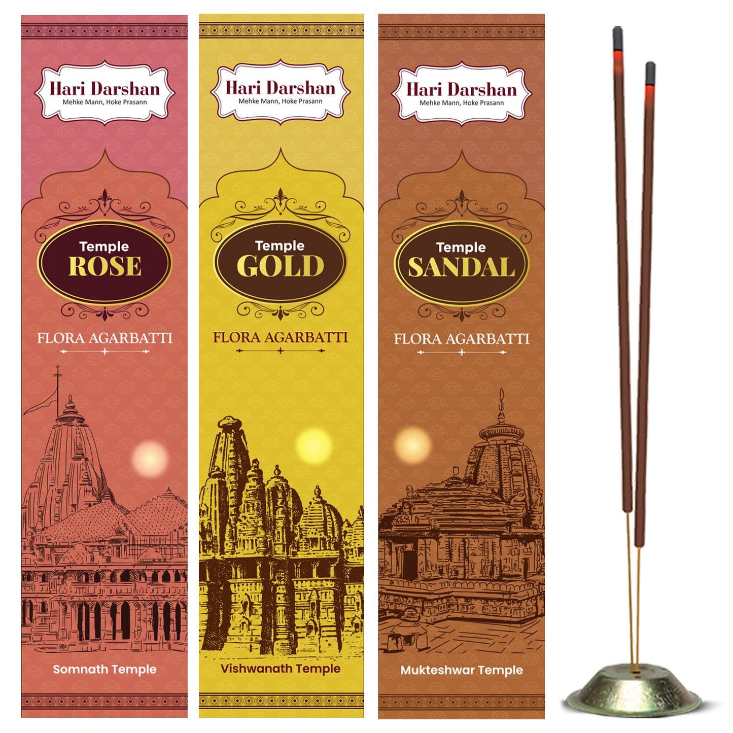 Combo of Temple Flora Agarbatti - Rose, Sandal and Gold - 12 sticks in each - Hand Made Masala Agarbatti  - Pack of 3