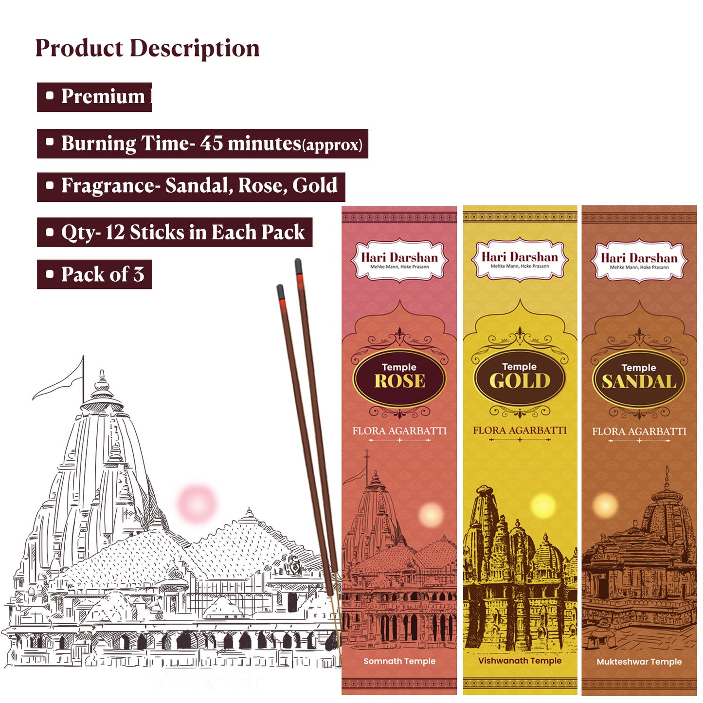 Combo of Temple Flora Agarbatti - Rose, Sandal and Gold - 12 sticks in each - Hand Made Masala Agarbatti  - Pack of 3