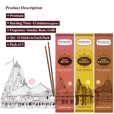 Combo of Temple Flora Agarbatti - Rose, Sandal and Gold - 12 sticks in each - Hand Made Masala Agarbatti - Pack of 3