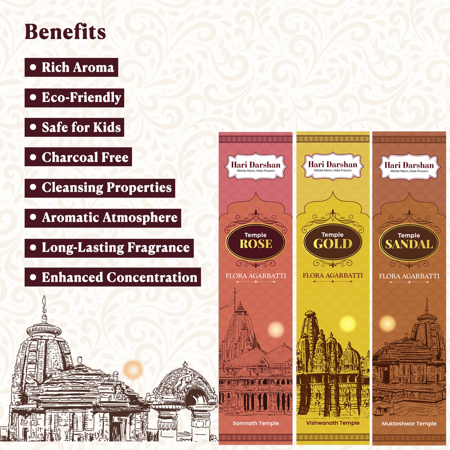 Combo of Temple Flora Agarbatti - Rose, Sandal and Gold - 12 sticks in each - Hand Made Masala Agarbatti  - Pack of 3