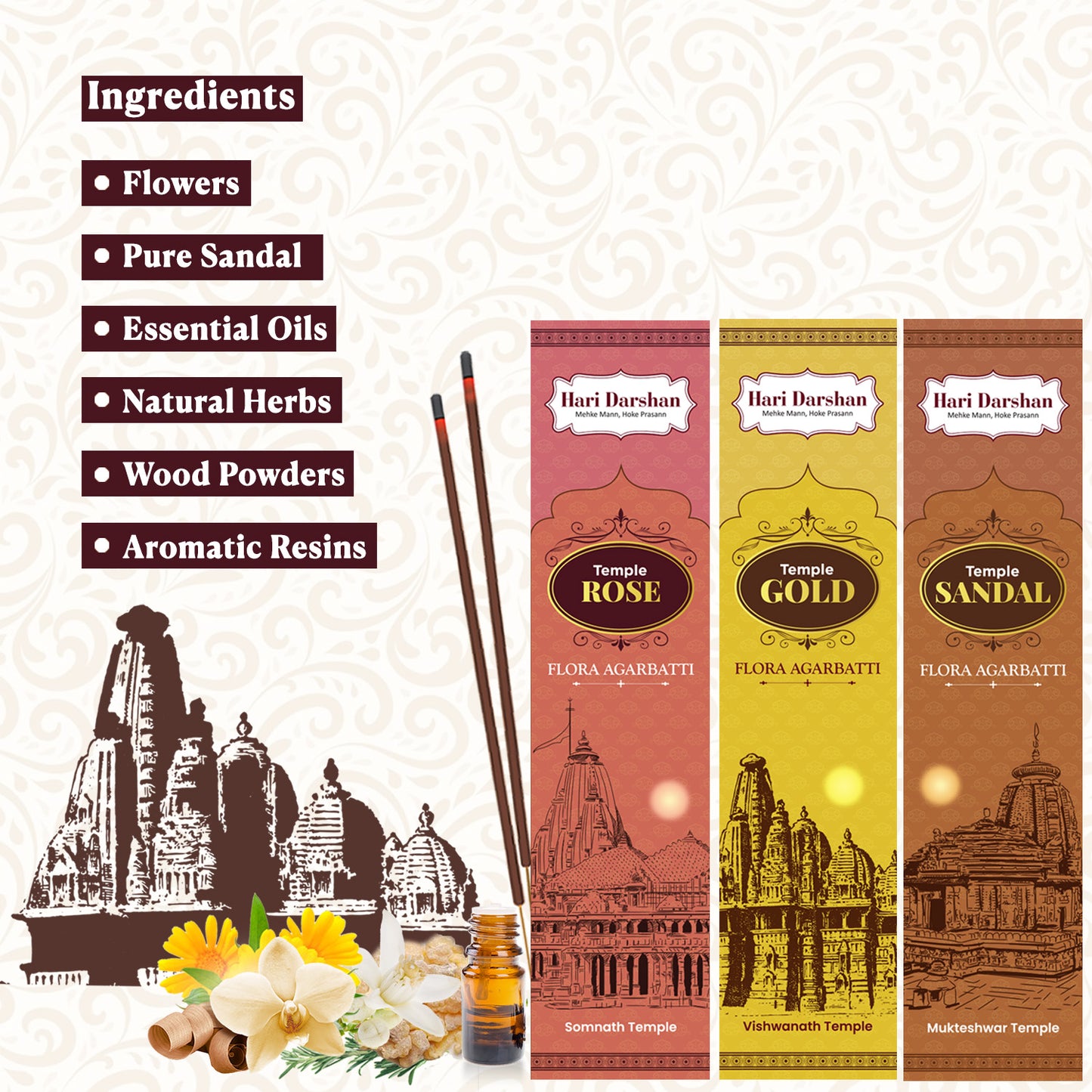 Combo of Temple Flora Agarbatti - Rose, Sandal and Gold - 12 sticks in each - Hand Made Masala Agarbatti  - Pack of 3