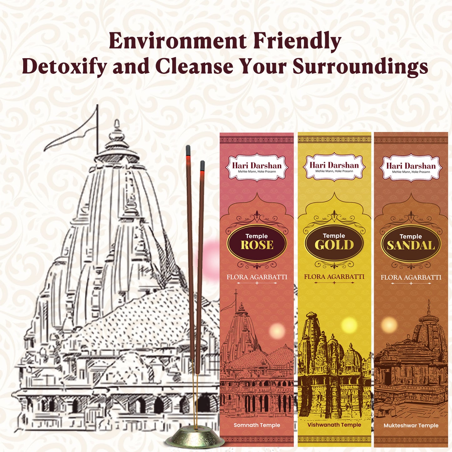 Combo of Temple Flora Agarbatti - Rose, Sandal and Gold - 12 sticks in each - Hand Made Masala Agarbatti  - Pack of 3