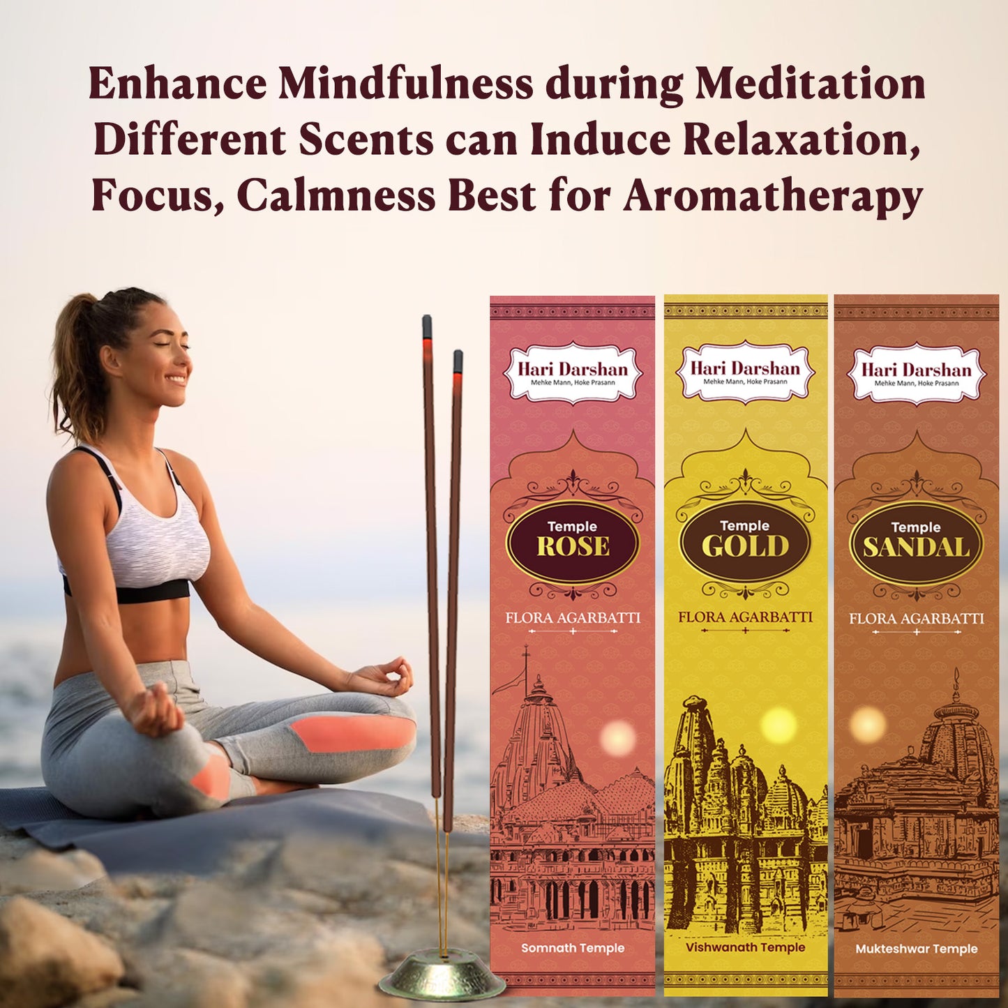 Combo of Temple Flora Agarbatti - Rose, Sandal and Gold - 12 sticks in each - Hand Made Masala Agarbatti  - Pack of 3