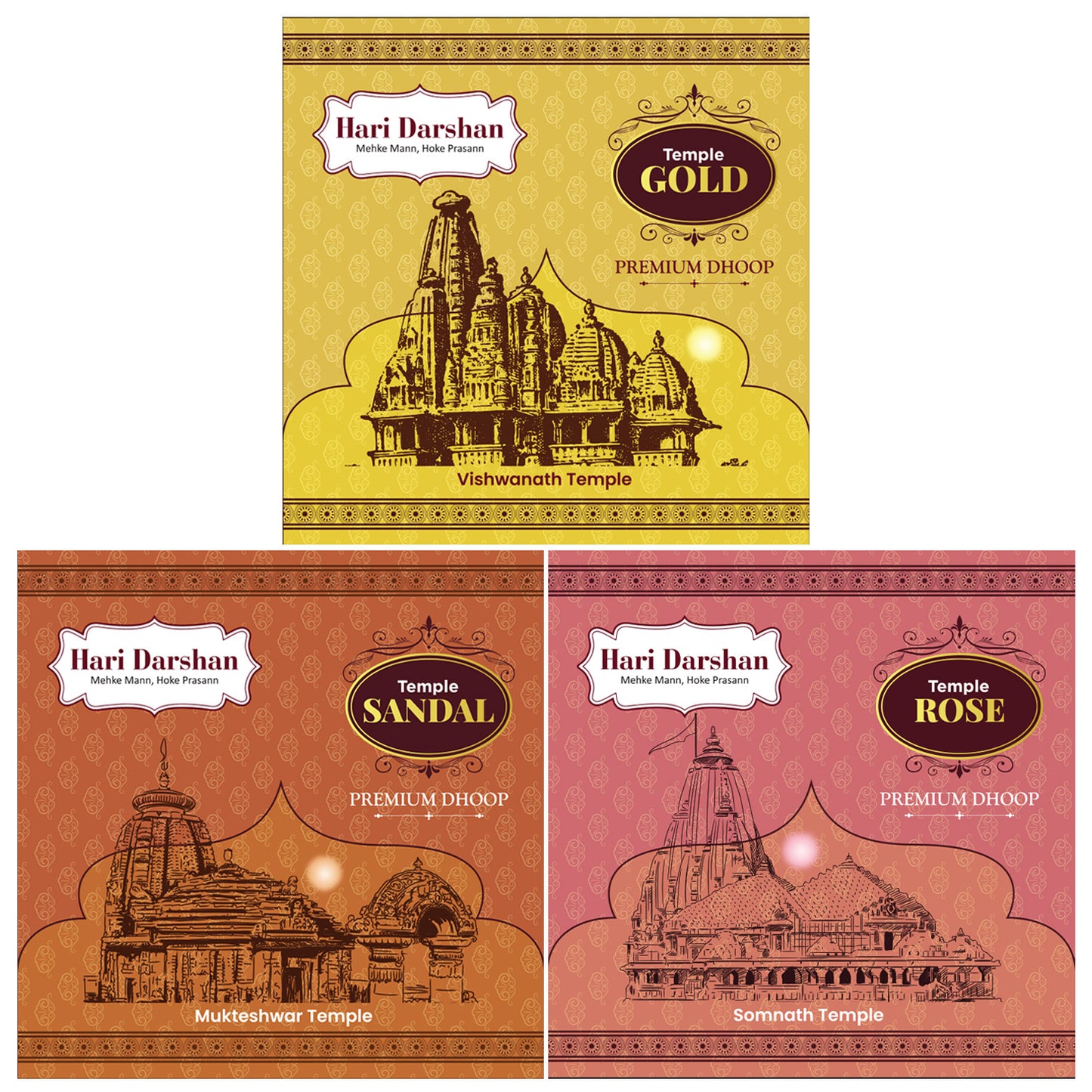 Temple Premium Dhoop Combo - Sandal, Gold, Rose - 100g Each - Approx 10 sticks - Pack of 3
