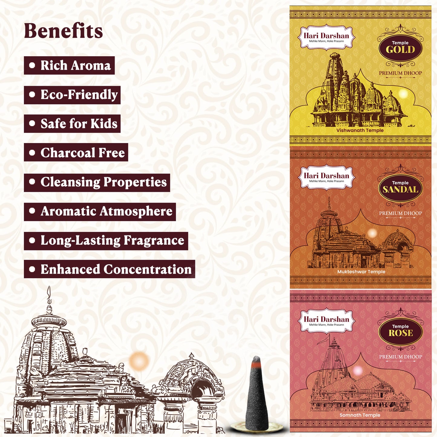 Temple Premium Dhoop Combo - Sandal, Gold, Rose - 100g Each - Approx 10 sticks - Pack of 3