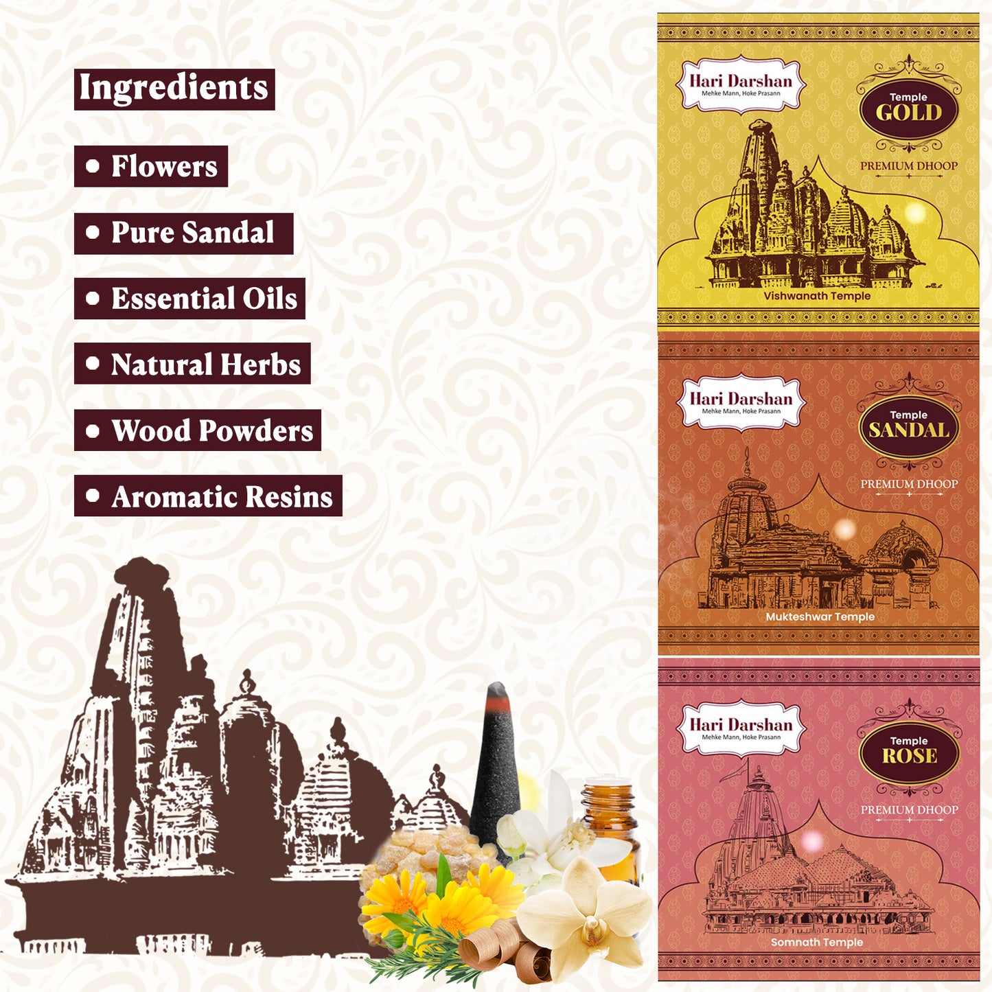 Temple Premium Dhoop Combo - Sandal, Gold, Rose - 100g Each - Approx 10 sticks - Pack of 3