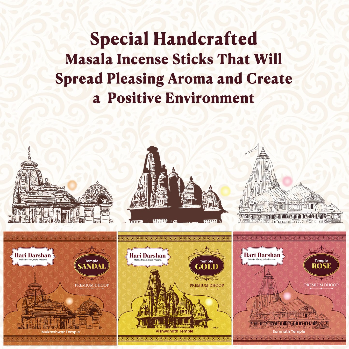 Temple Premium Dhoop Combo - Sandal, Gold, Rose - 100g Each - Approx 10 sticks - Pack of 3