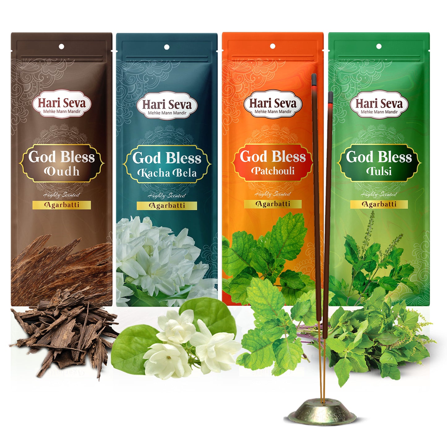 Combo of Hari Seva Highly Scented Agarbatti - Kacha Bela, Oudh, Patchouli, Tulsi - Pack of 4