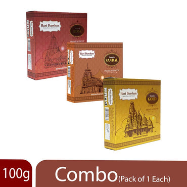 Temple Premium Dhoop Combo - Sandal, Gold, Rose - 100g Each - Approx 10 sticks - Pack of 3