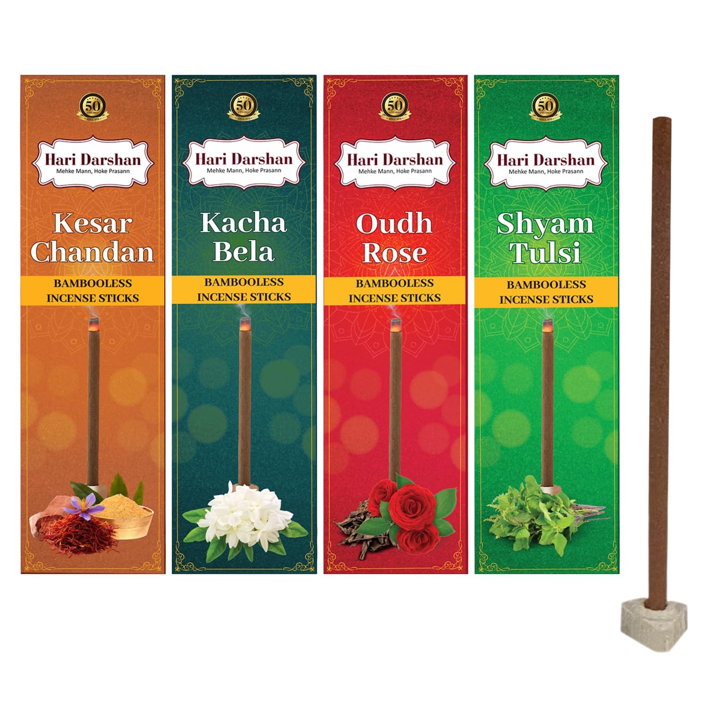 Combo of Bamboo Less Incense Sticks - Oudh Rose, Shyam Tulsi, Kacha Bela, Kesar Chandan – Pack of 4, 30 Sticks in Each Pack with Holder