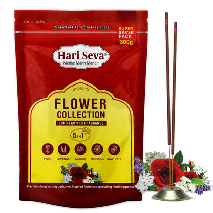 5 in 1 Fragrances: Rose, Lavender, Mogra, Hibiscus, Raatrani | Flower Collection Incense Sticks