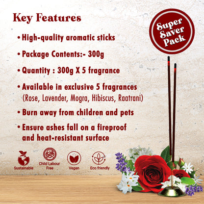 5 in 1 Fragrances: Rose, Lavender, Mogra, Hibiscus, Raatrani | Flower Collection Incense Sticks