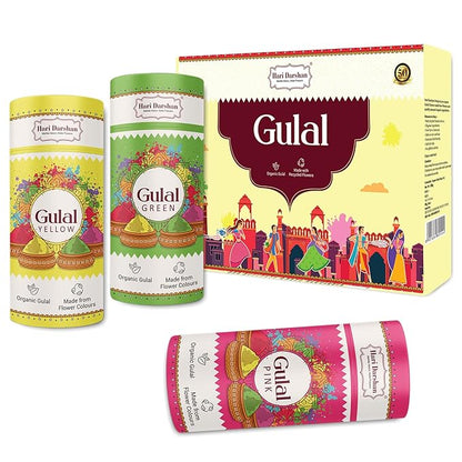 Organic Gulal Combo - Green, Yellow, Pink - Pack of 3 - 100g Each