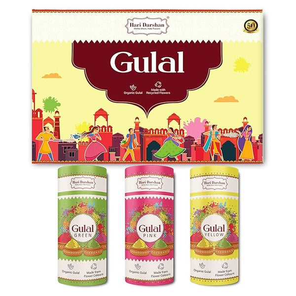 Hari Darshan Organic Gulal Combo Pack of 3-100g Each | Green | Yellow | Pink | Natural Plant Based Colours | Non-Toxic & Eco Friendly | Safe for Kids | Safe on Skin and Hair Organic Gulal