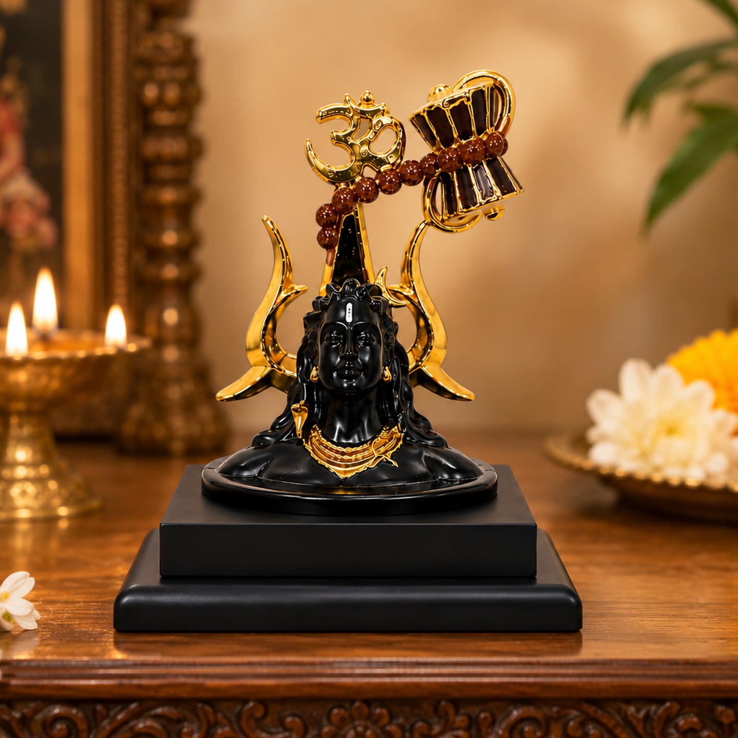 Adiyogi Shiva Statue with Golden Trishul, Damru & Om Symbol