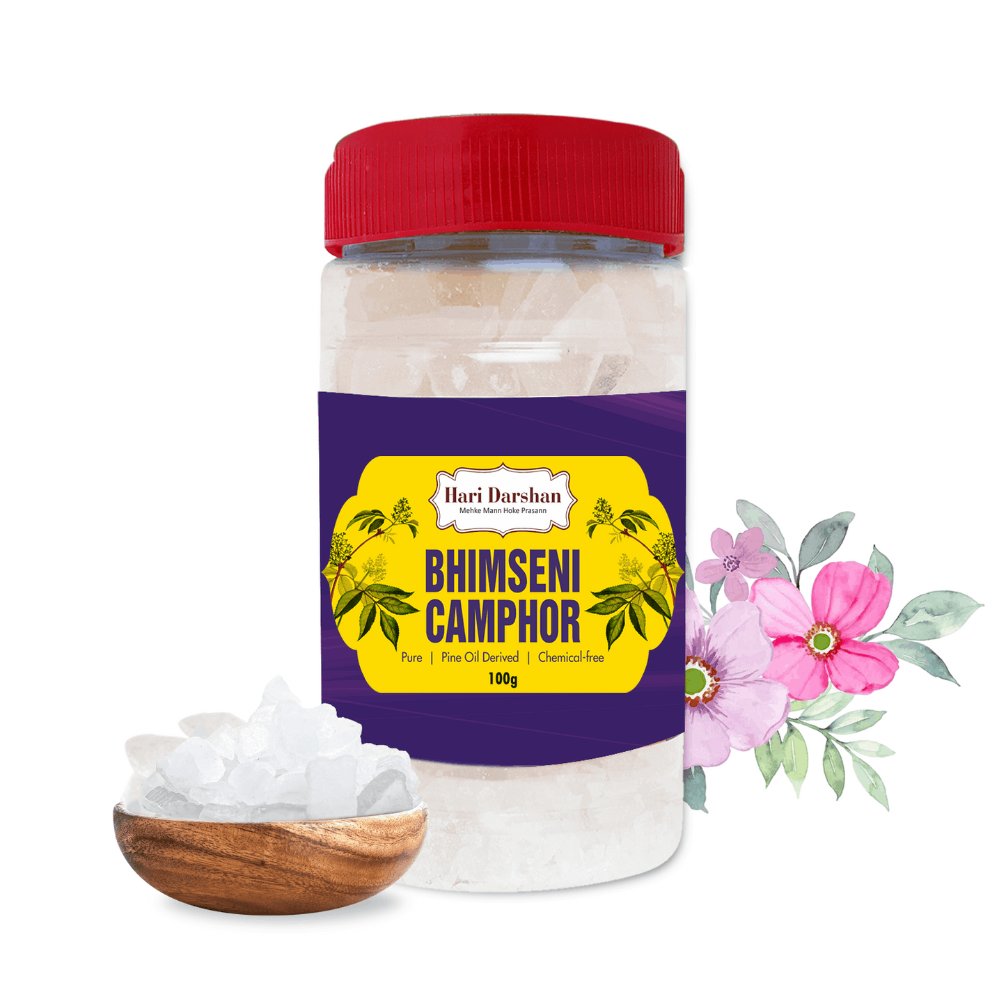 Pure Bhimseni Camphor - Pure Kapur crystals - For Pooja, Meditation, Havan or Room Freshener - 100g