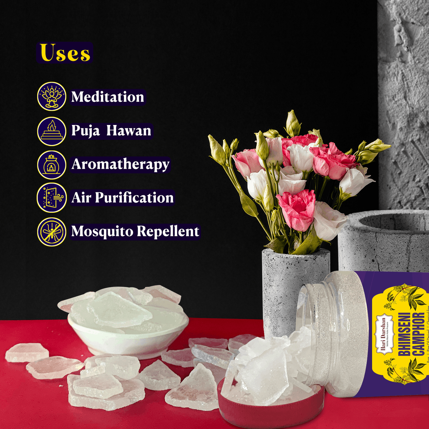 Pure Bhimseni Camphor - Pure Kapur crystals - For Pooja, Meditation, Havan or Room Freshener - 100g