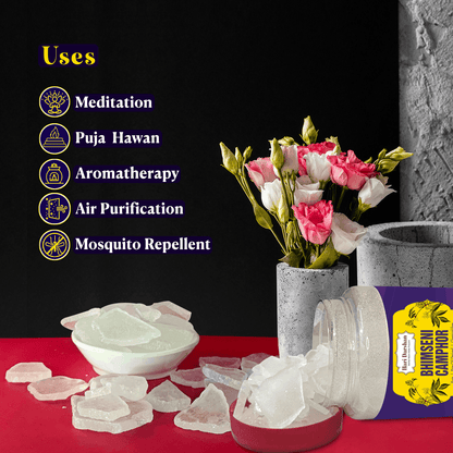 Pure Bhimseni Camphor - Pure Kapur crystals - For Pooja, Meditation, Havan or Room Freshener - 100g