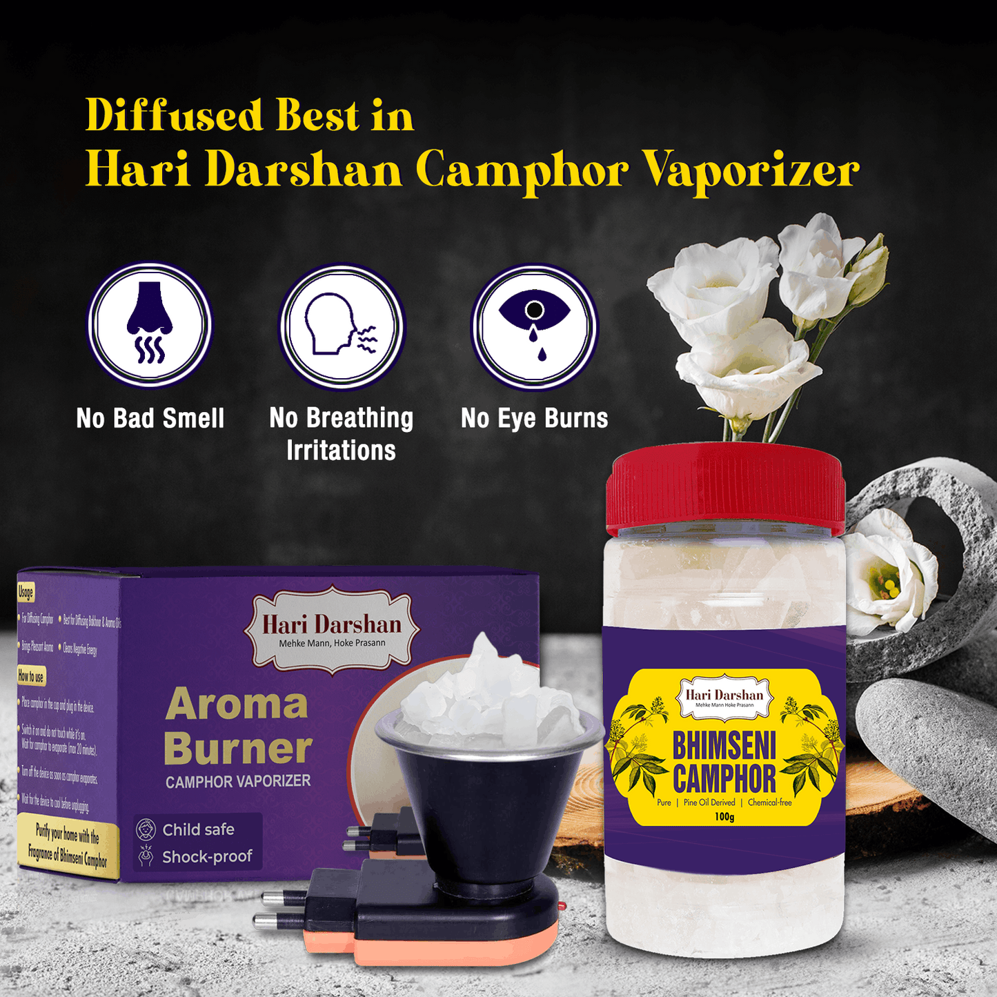 Pure Bhimseni Camphor - Pure Kapur crystals - For Pooja, Meditation, Havan or Room Freshener - 100g