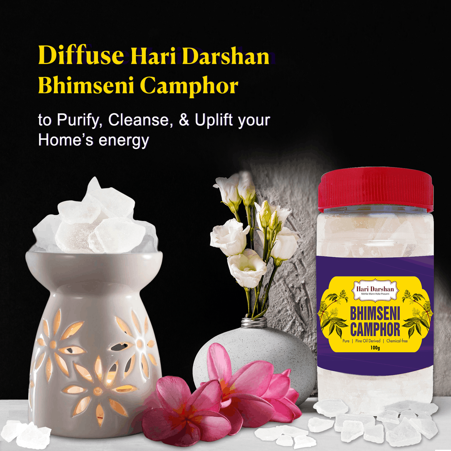 Pure Bhimseni Camphor - Pure Kapur crystals - For Pooja, Meditation, Havan or Room Freshener - 100g