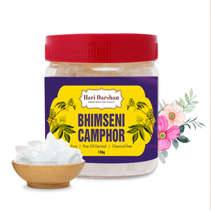 Pure Bhimseni Camphor - Pure Kapur Crystals - For Pooja, Meditation, Havan or Room Freshener - Jar - 150g