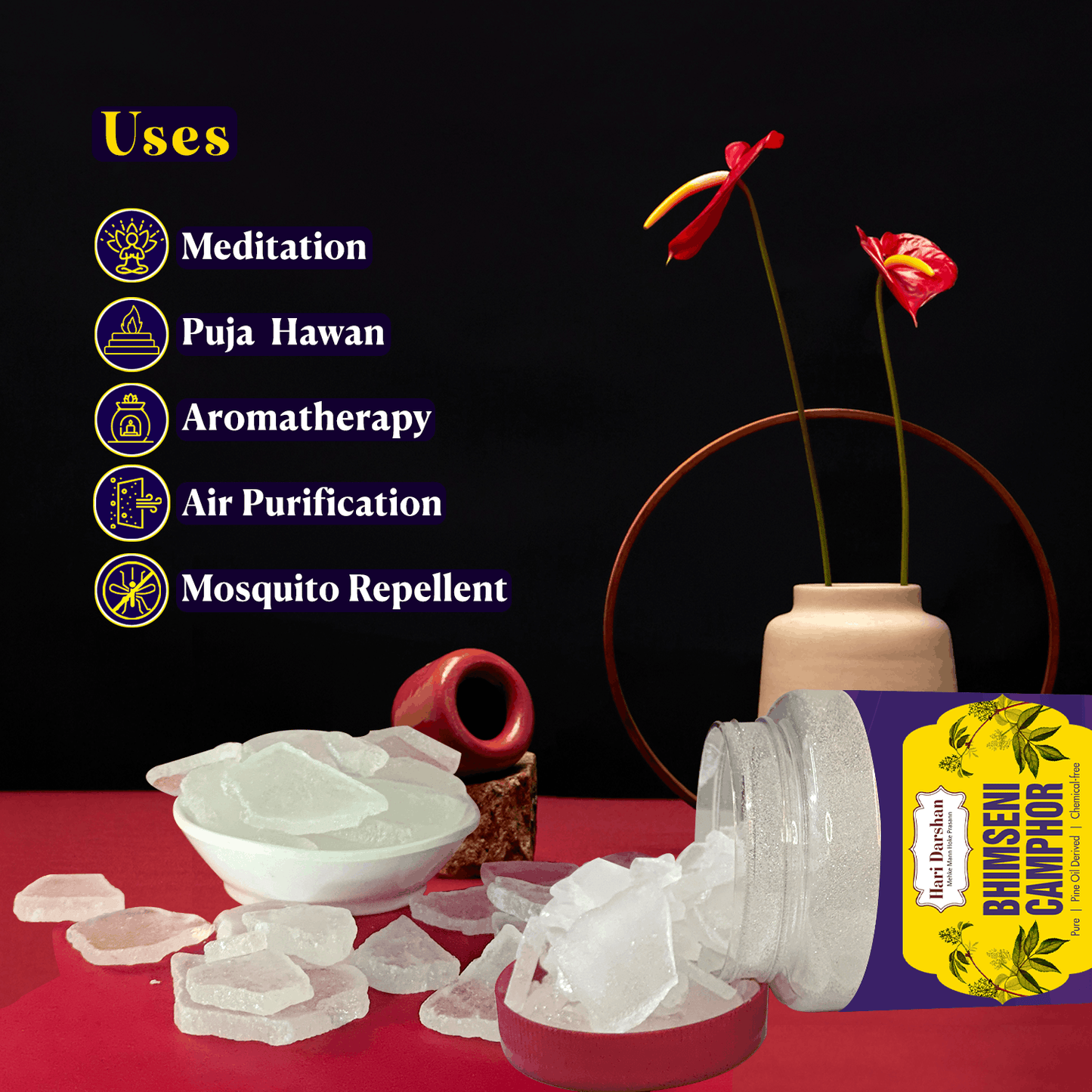 Pure Bhimseni Camphor - Pure Kapur Crystals - For Pooja, Meditation, Havan or Room Freshener - Jar - 150g