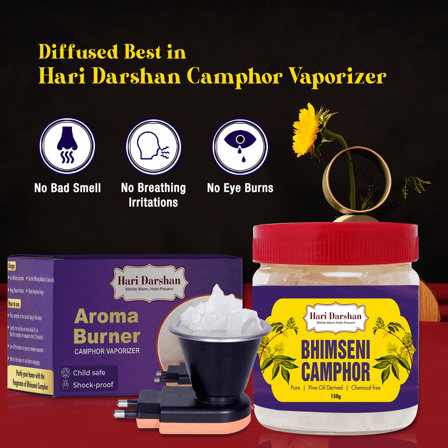 Pure Bhimseni Camphor - Pure Kapur Crystals - For Pooja, Meditation, Havan or Room Freshener - Jar - 150g