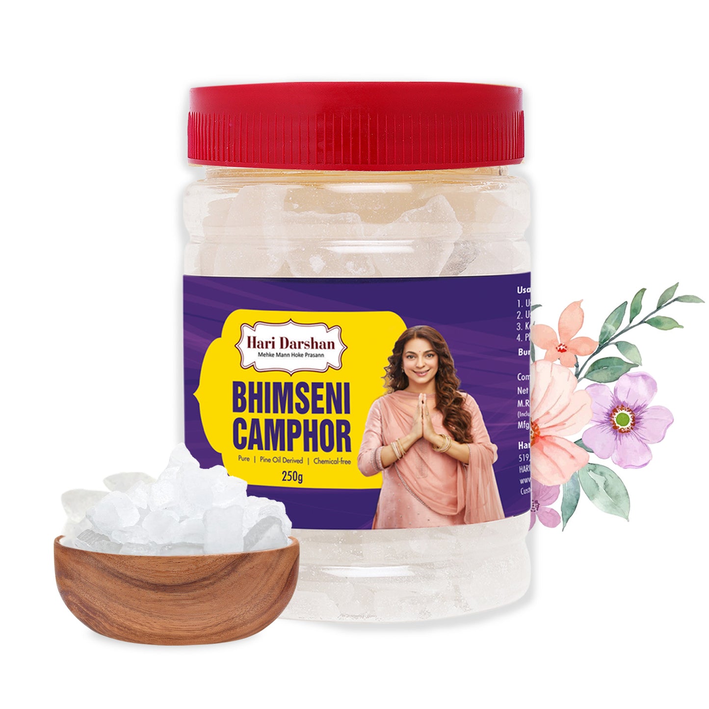 Pure Bhimseni Camphor - Pure Kapur Crystals - For Pooja, Meditation, Havan or Room Freshener - Jar - 250g
