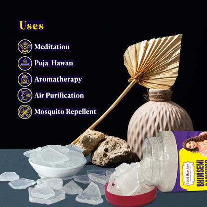 BHIMSENI CAMPHOR - Pure Kapur Crystals - For Pooja, Meditation, Havan or Room Freshener - Jar - 500g