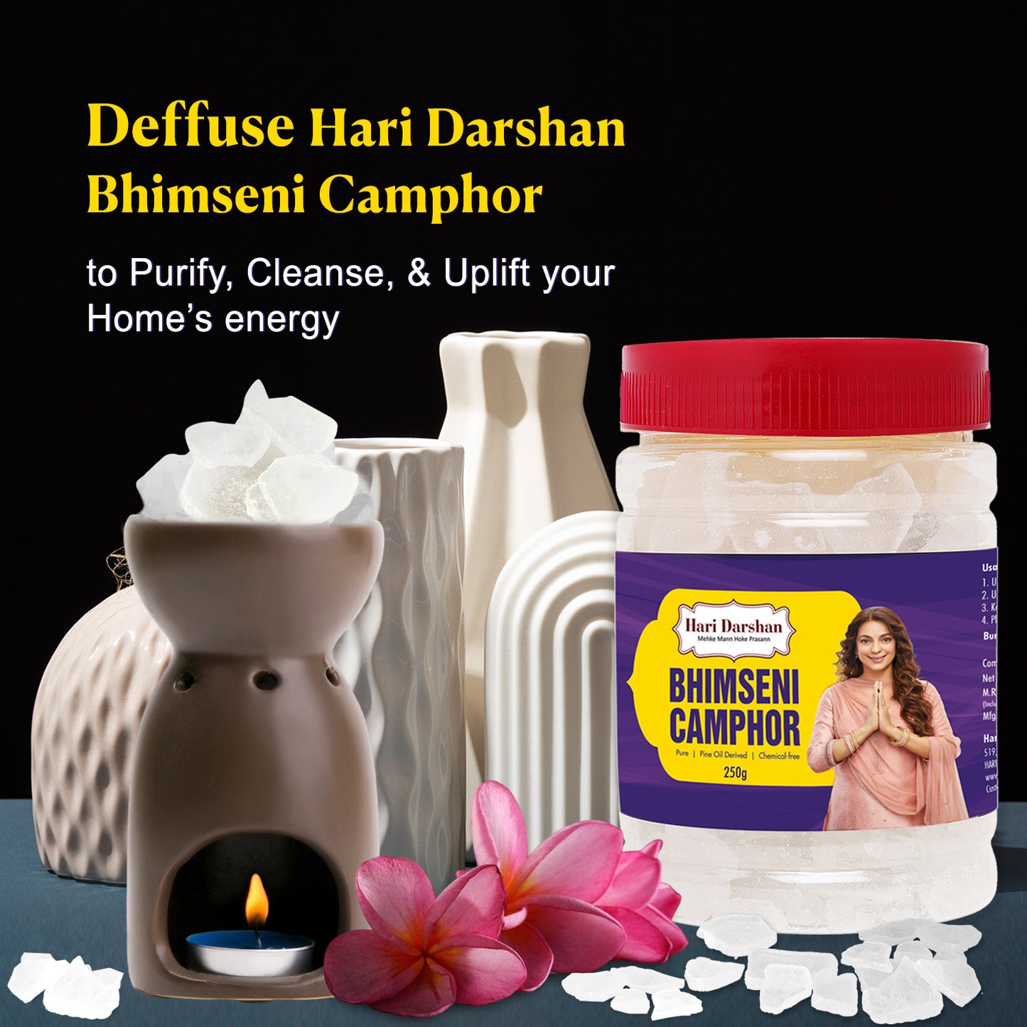 Pure Bhimseni Camphor - Pure Kapur Crystals - For Pooja, Meditation, Havan or Room Freshener - Jar - 250g