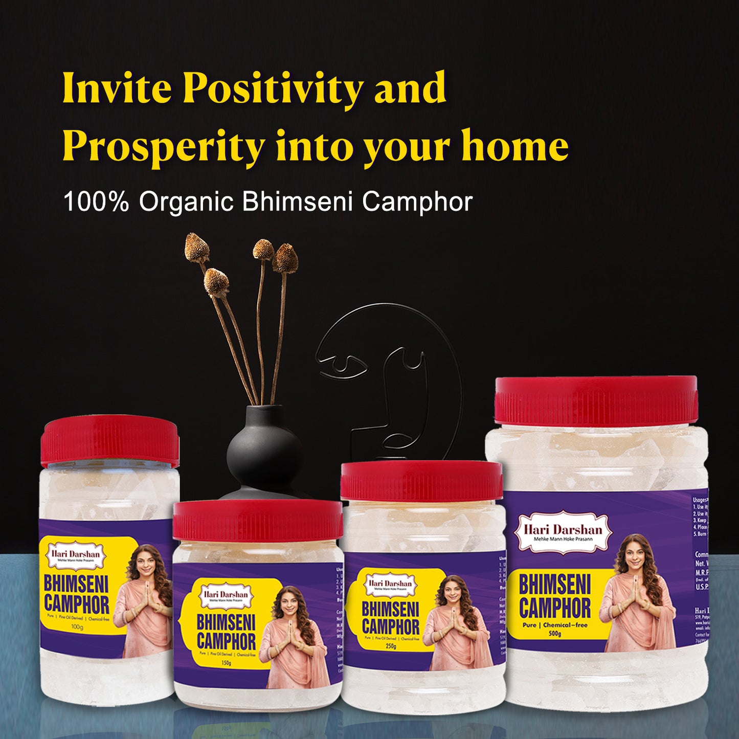 Pure Bhimseni Camphor - Pure Kapur Crystals - For Pooja, Meditation, Havan or Room Freshener - Jar - 250g