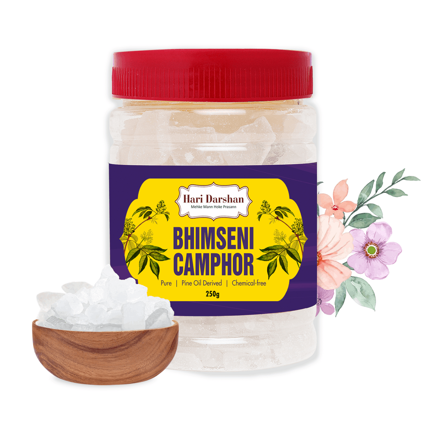 Pure Bhimseni Camphor - Pure Kapur Crystals - For Pooja, Meditation, Havan or Room Freshener - Jar - 250g