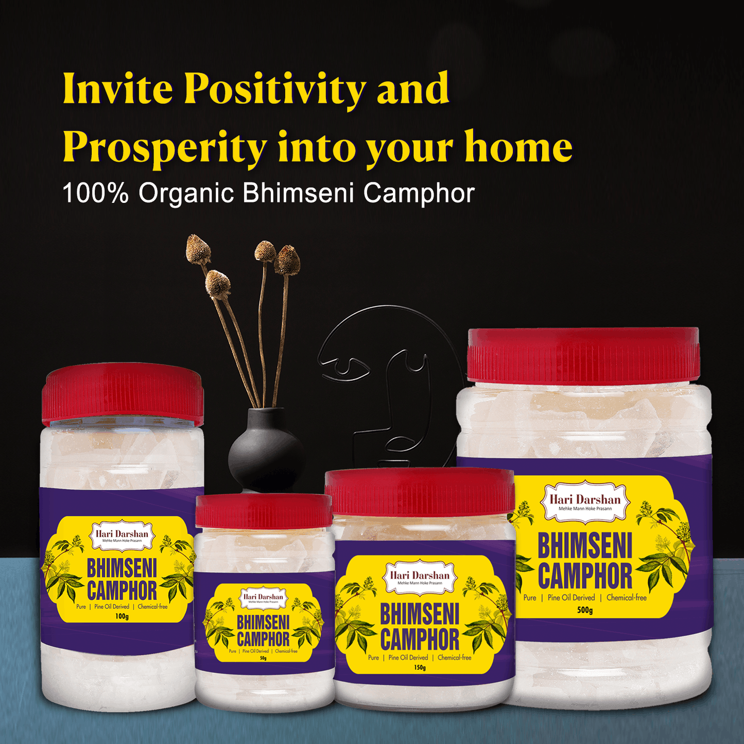 Pure Bhimseni Camphor - Pure Kapur Crystals - For Pooja, Meditation, Havan or Room Freshener - Jar - 250g