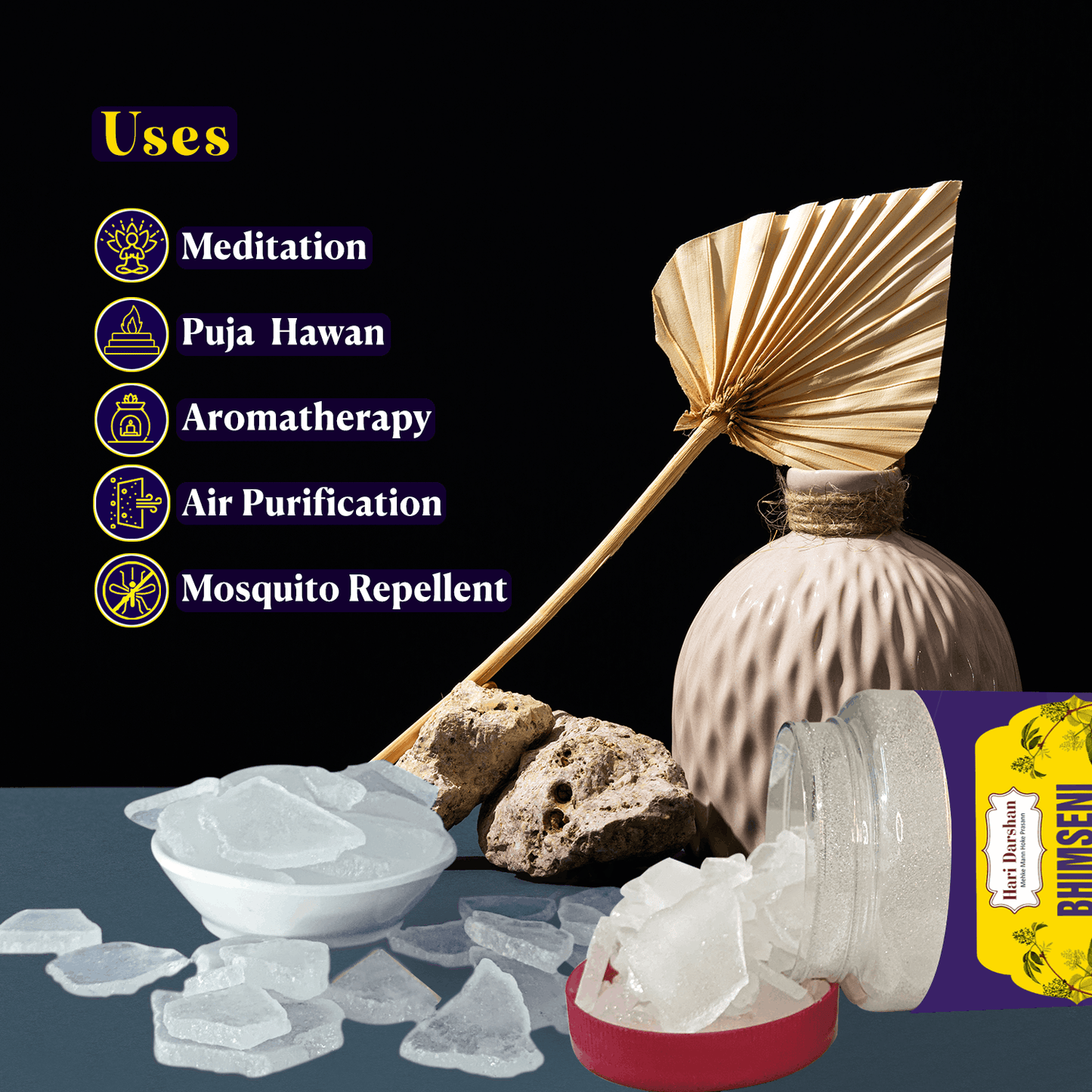Pure Bhimseni Camphor - Pure Kapur Crystals - For Pooja, Meditation, Havan or Room Freshener - Jar - 250g