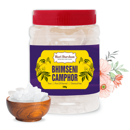 BHIMSENI CAMPHOR - Pure Kapur Crystals - For Pooja, Meditation, Havan or Room Freshener - Jar - 500g