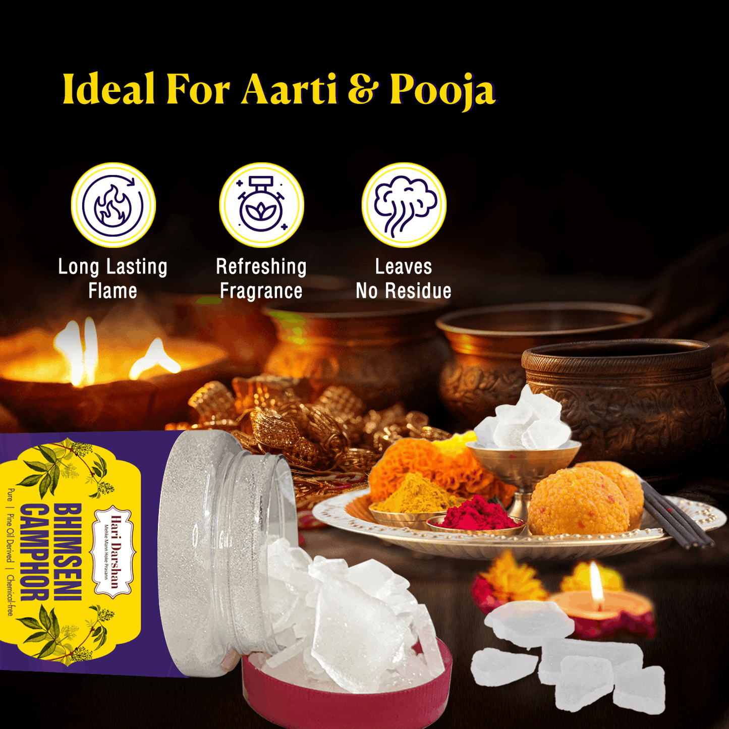 BHIMSENI CAMPHOR - Pure Kapur Crystals - For Pooja, Meditation, Havan or Room Freshener - Jar - 500g