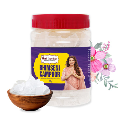 BHIMSENI CAMPHOR - Pure Kapur Crystals - For Pooja, Meditation, Havan or Room Freshener - Jar - 50g
