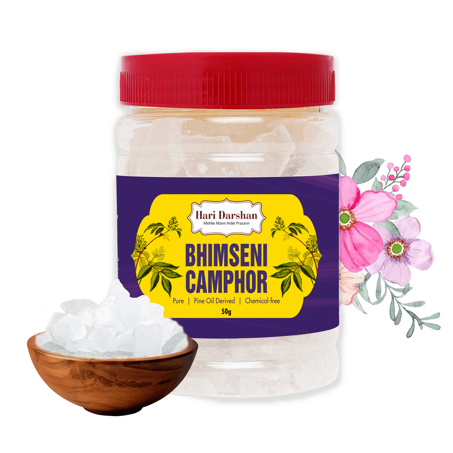 BHIMSENI CAMPHOR - Pure Kapur Crystals - For Pooja, Meditation, Havan or Room Freshener - Jar - 50g