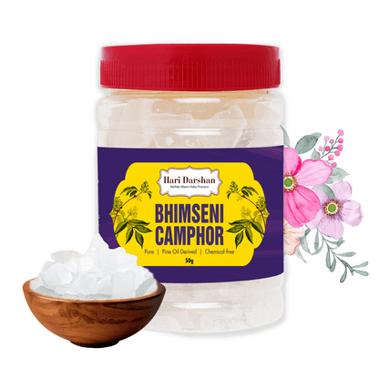 BHIMSENI CAMPHOR - Pure Kapur Crystals - For Pooja, Meditation, Havan or Room Freshener - Jar - 50g