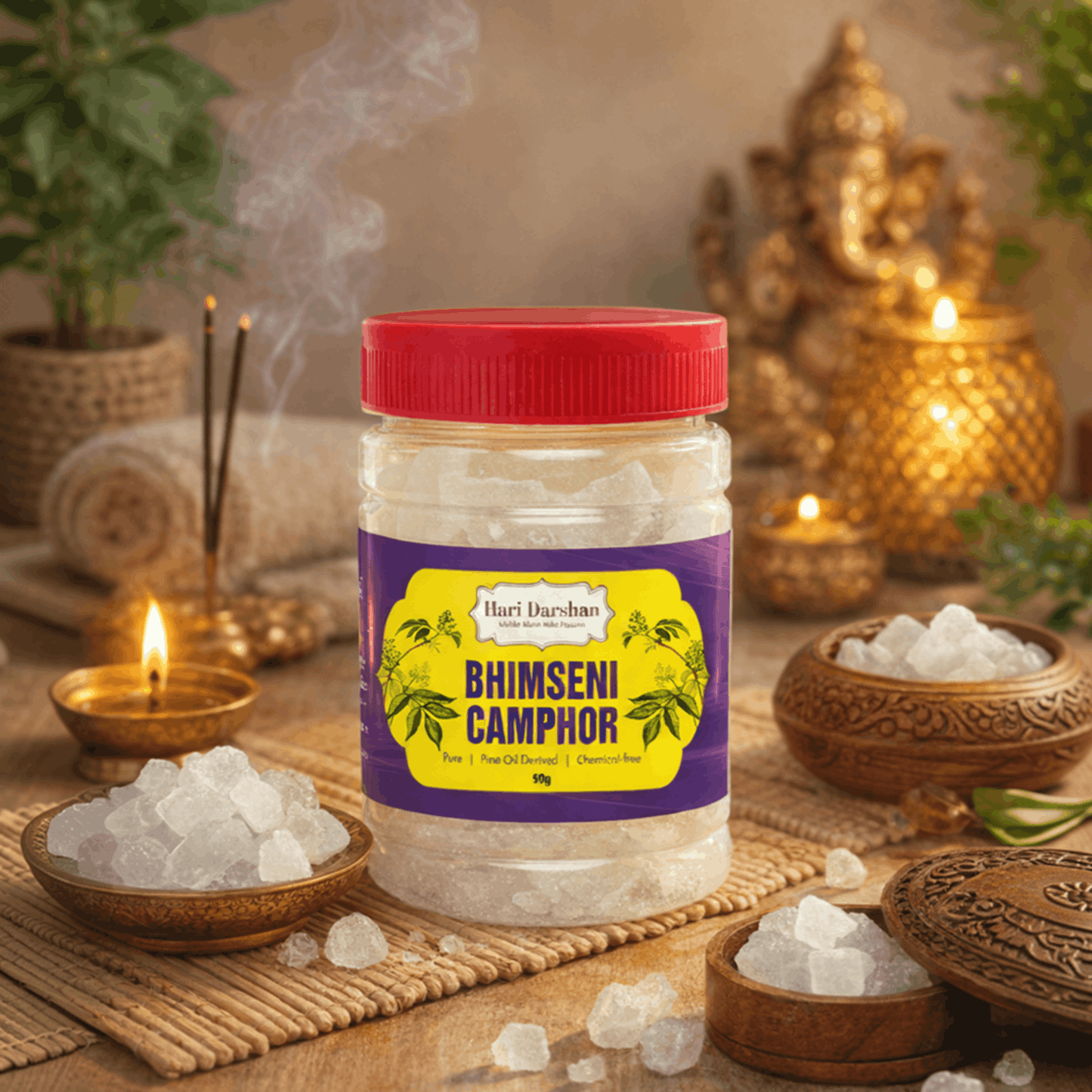 BHIMSENI CAMPHOR - Pure Kapur Crystals - For Pooja, Meditation, Havan or Room Freshener - Jar - 50g