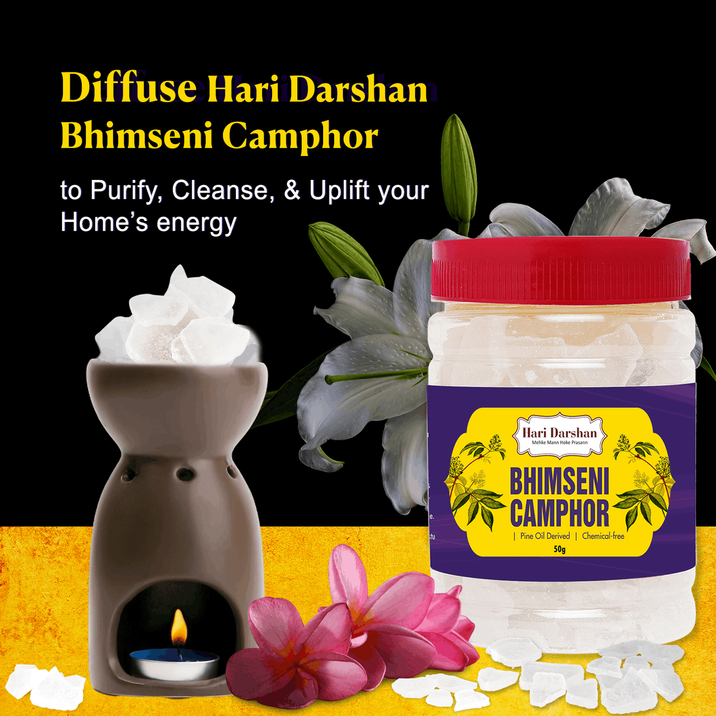 BHIMSENI CAMPHOR - Pure Kapur Crystals - For Pooja, Meditation, Havan or Room Freshener - Jar - 50g