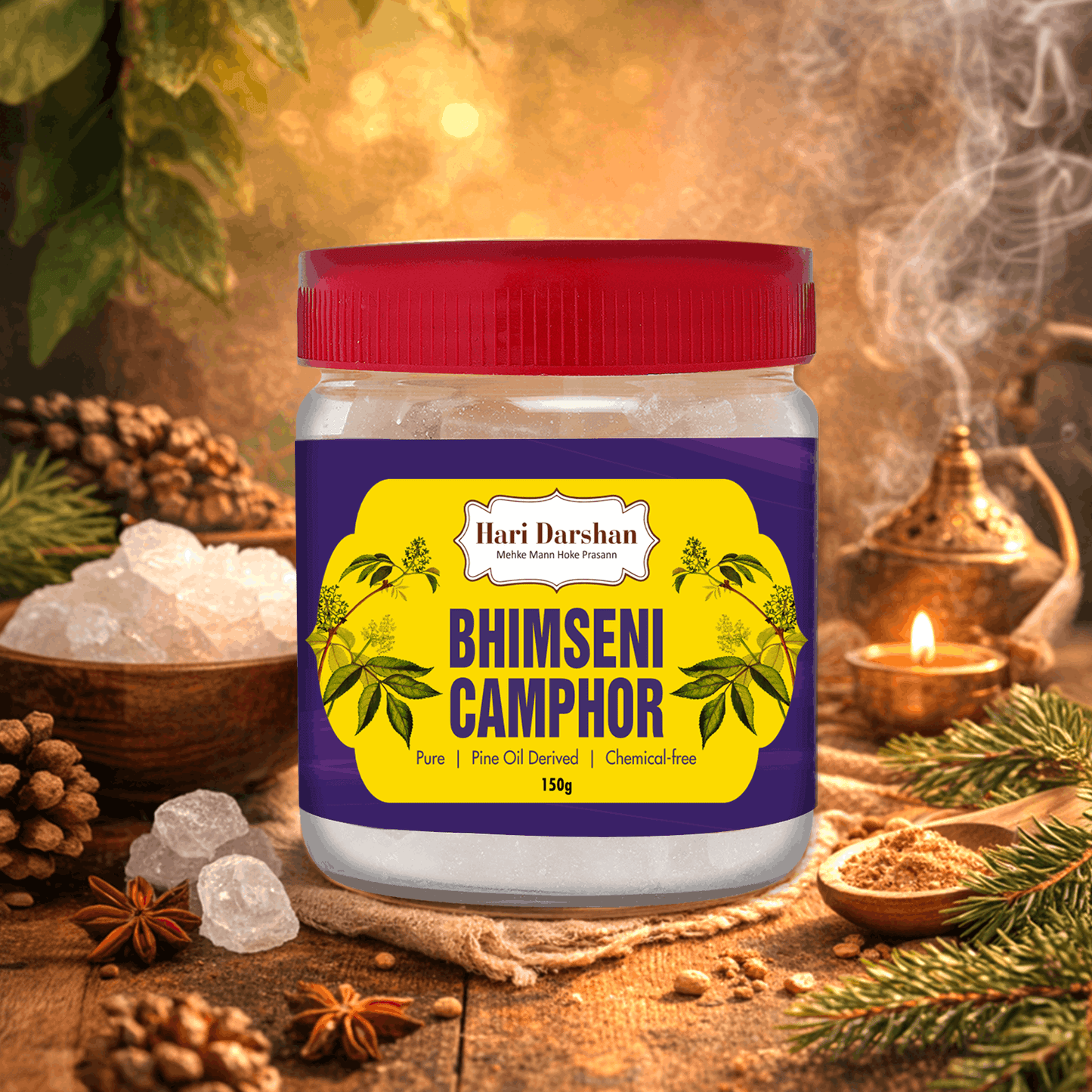 Pure Bhimseni Camphor - Pure Kapur Crystals - For Pooja, Meditation, Havan or Room Freshener - Jar - 150g