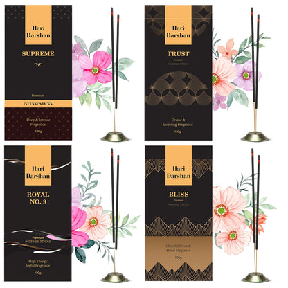 Premium Perfumed Agarbatti Combo - Bliss, Trust, Supreme, Royal No. 9 - Pack of 4, 100 Sticks in each pack