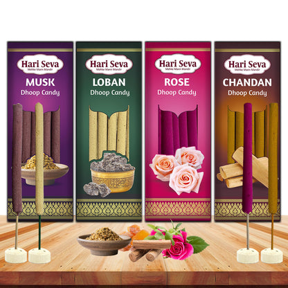 Hari Seva Candy Dhoop & Agarbatti Combo - Rose, Mogra, Loban & Chandan (Pack of 4)