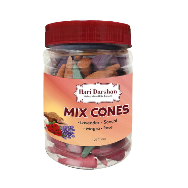 Dhoop Mix Cones - Rose, Mogra, Lavender & Sandal Jar - Approx 120 cones, 30 cones Each