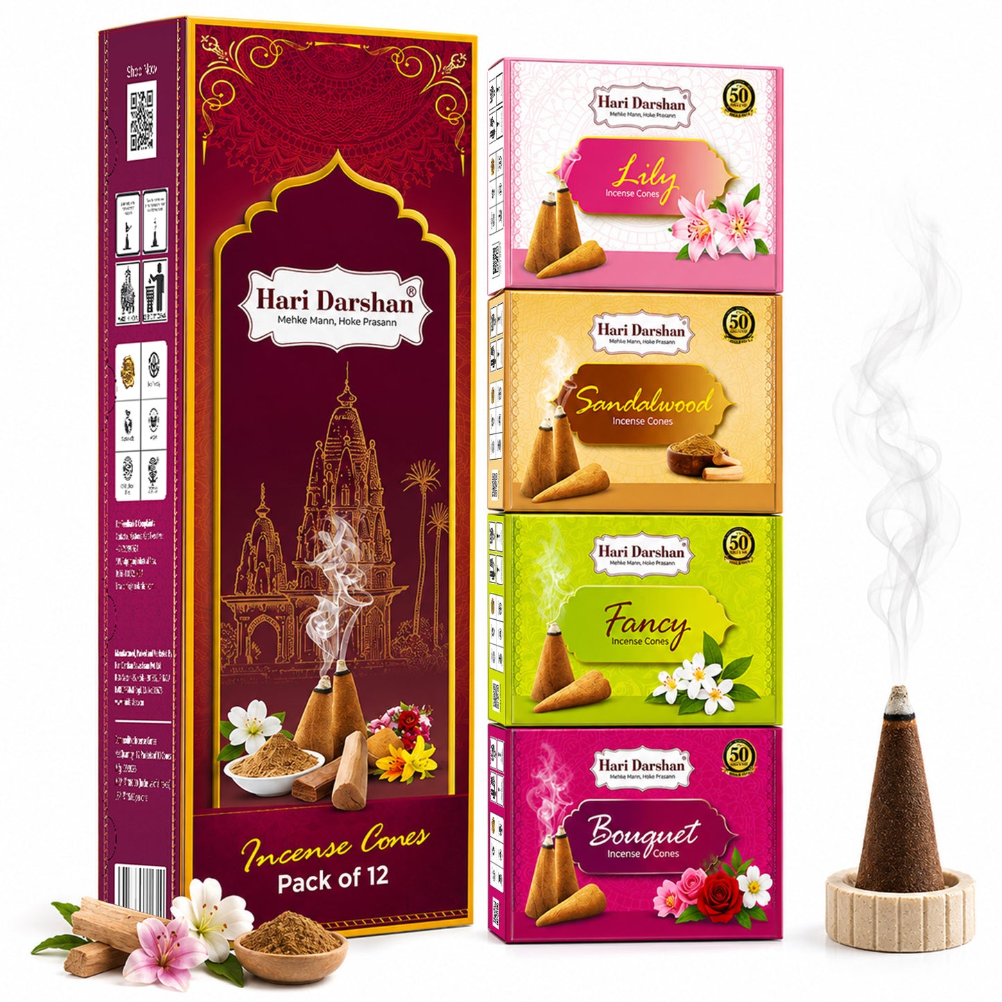 Multi-Fragrance Mixed Dhoop Cones - Lilly, Bouquet, Fancy & Sandal - 12 Cones in Each Pack - Pack of 12